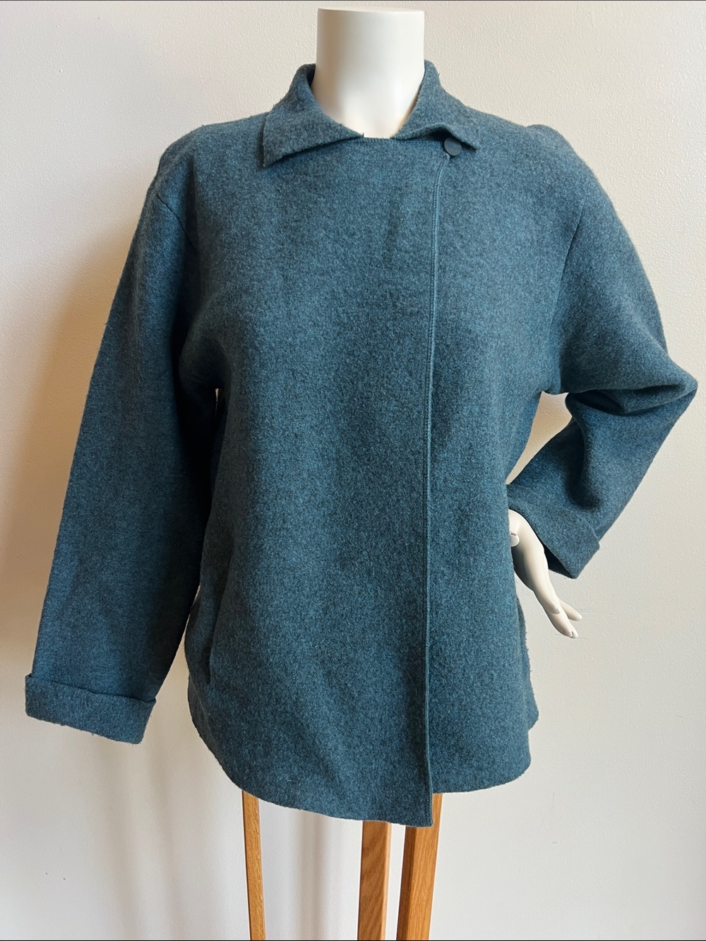 Eileen Fisher Teal Wool-Blend Asymmetrical Pea Coat
